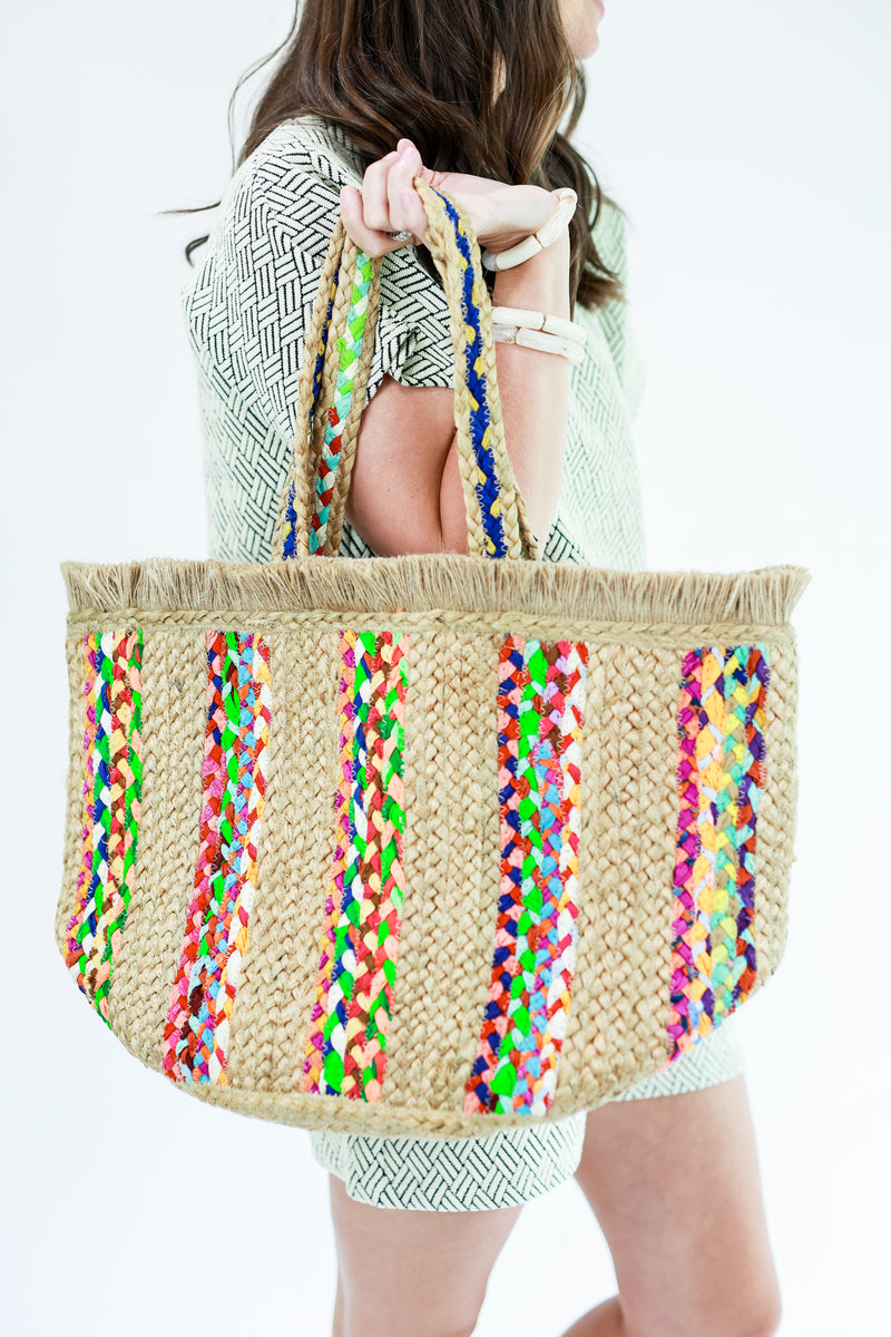 Tropical Vacay Woven Tote In Multi