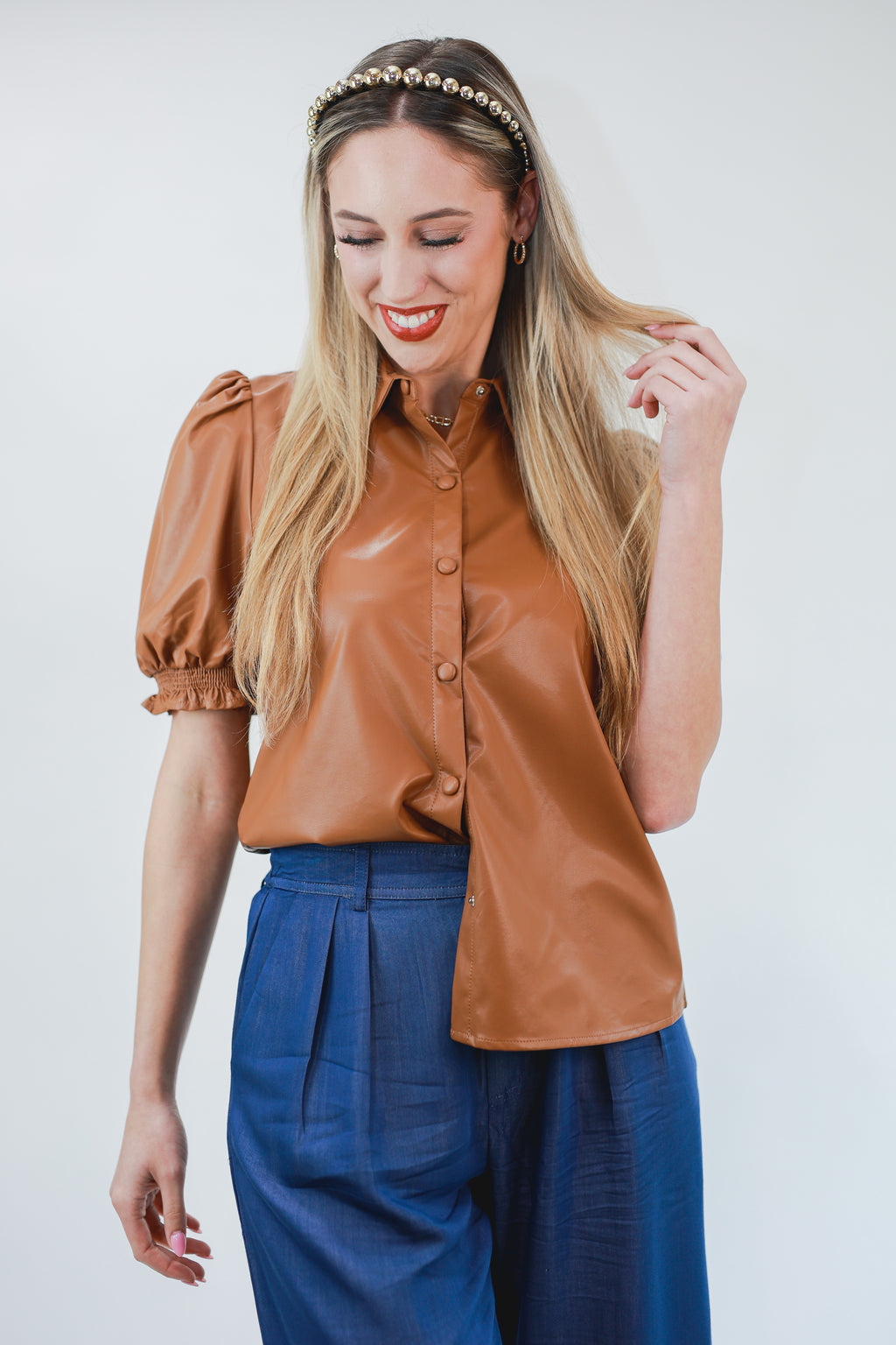 Fierce Move Faux Leather Top In Camel