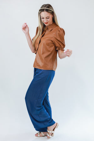 Fierce Move Faux Leather Top In Camel