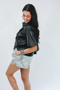 The Victoria Faux Leather Shorts In Silver
