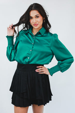 All The Glory Satin Shift Top In Hunter