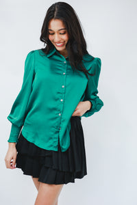 All The Glory Satin Shift Top In Hunter