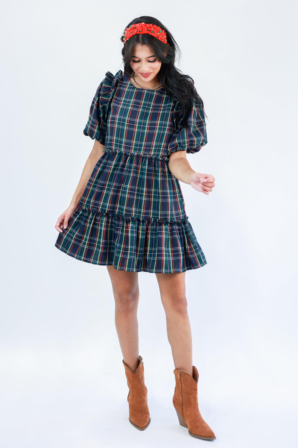 Girly Holidays Plaid Dress In Navy