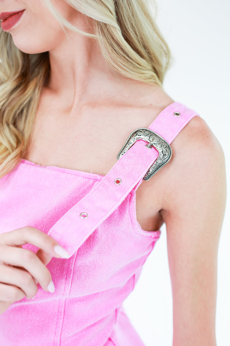 Adorably Late Denim Dress In Pink