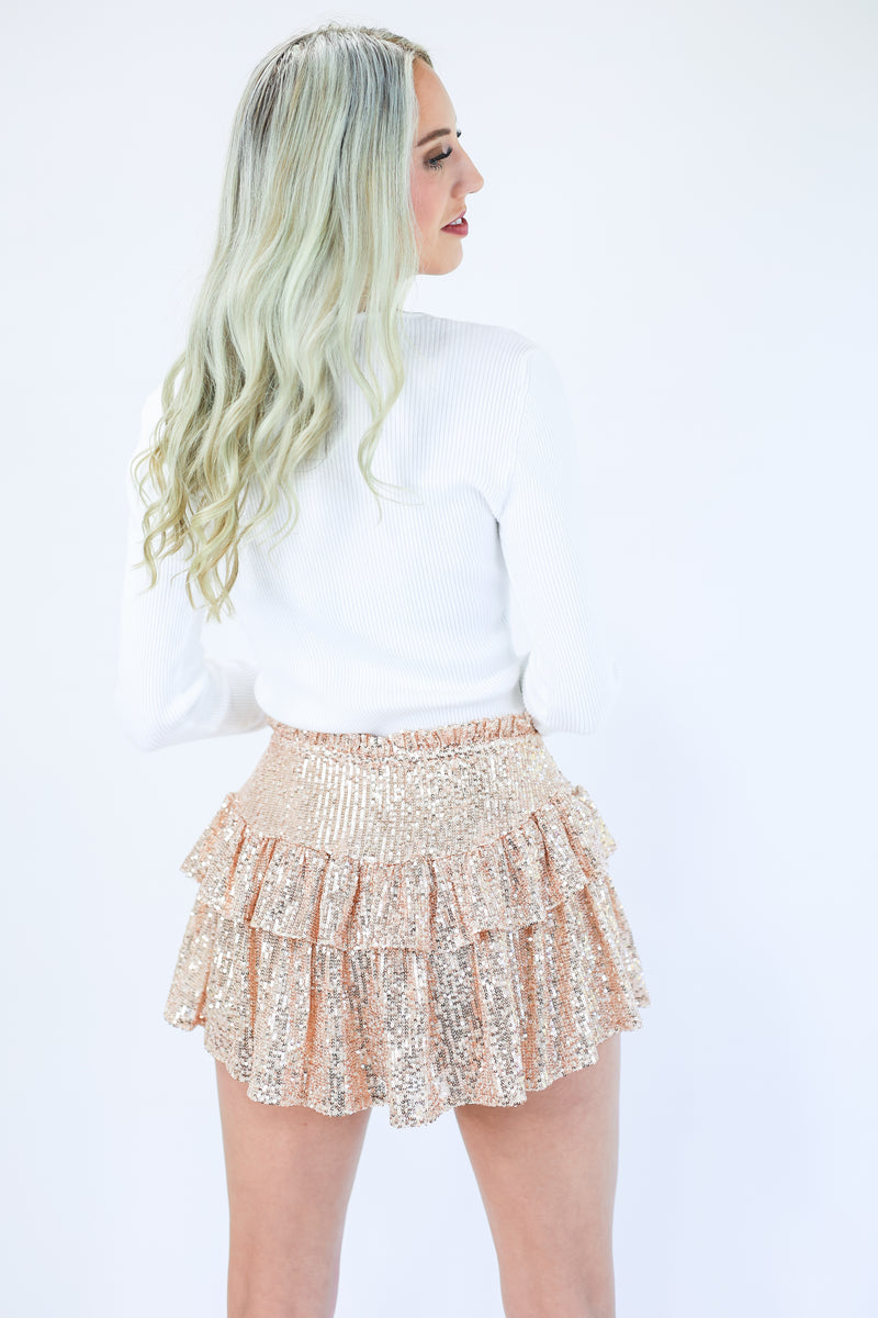 Shining After Midnight Sequin Skort In Champagne