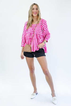 Girls Rule Gingham Top In Hot Pink