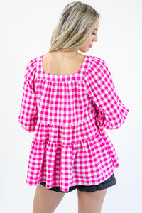 Girls Rule Gingham Top In Hot Pink