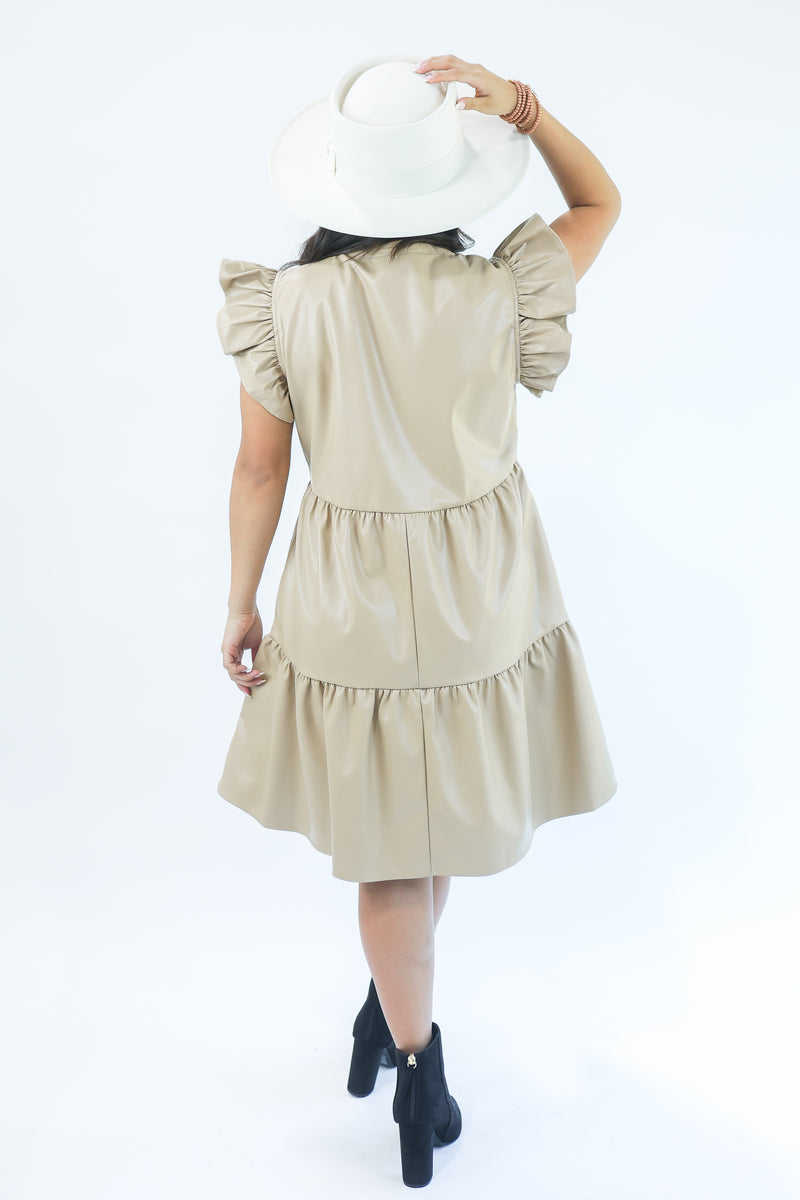 Falling For You Faux Leather Dress In Sand