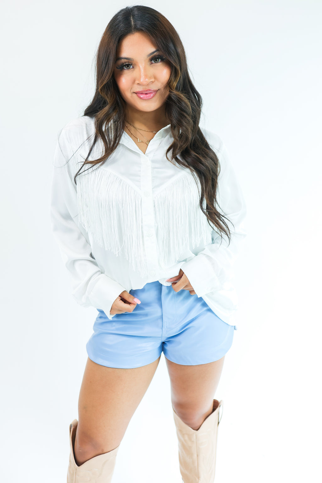 Rodeo Nights Fringe Button Up In White