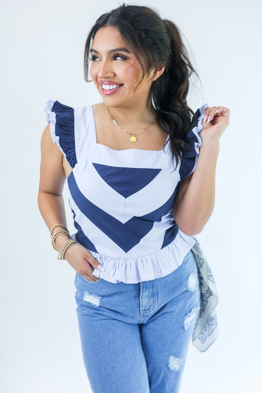 Quite The Charmer Smocked Tank In Navy