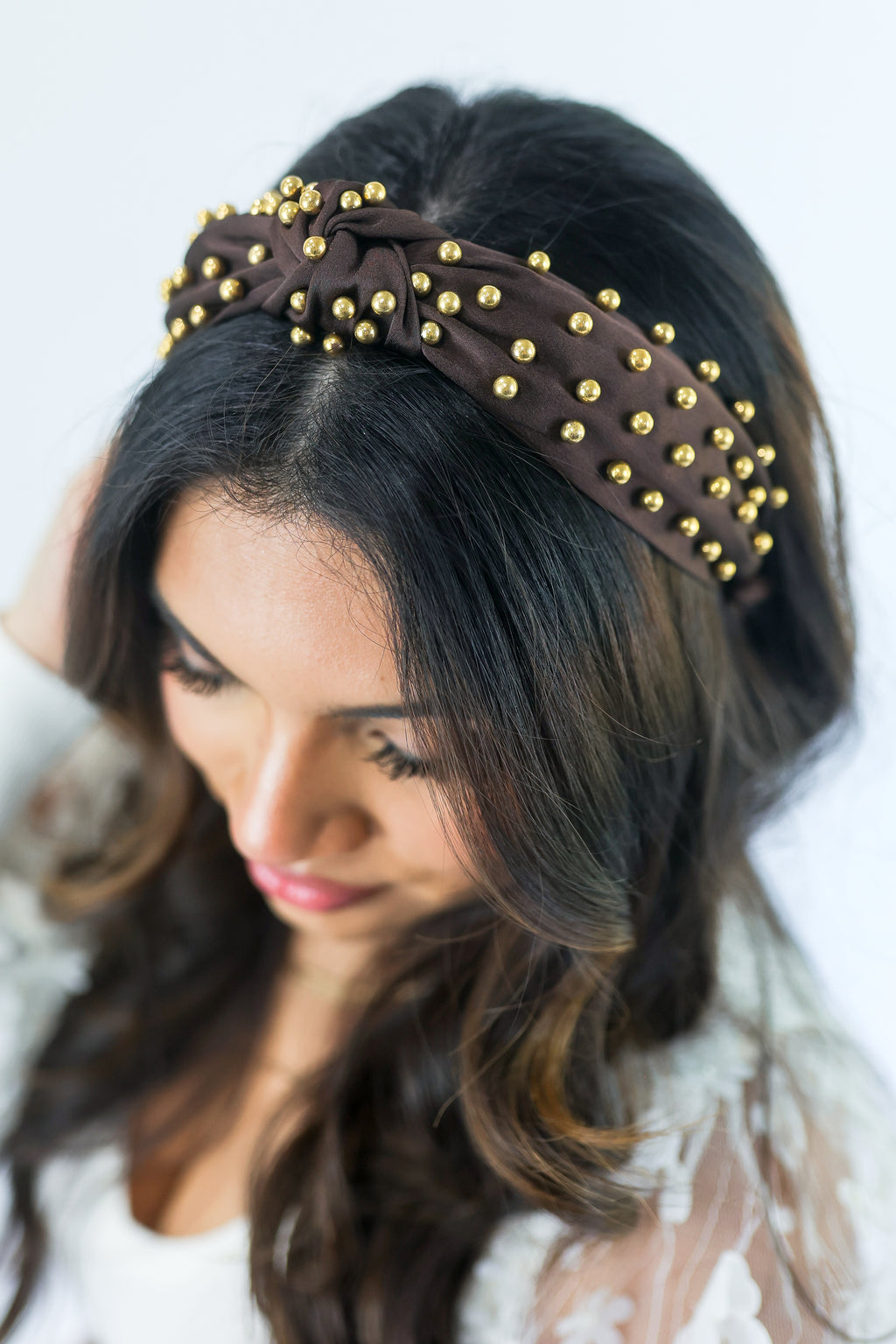 All Smiles Gold Studded Headband In Chocolate