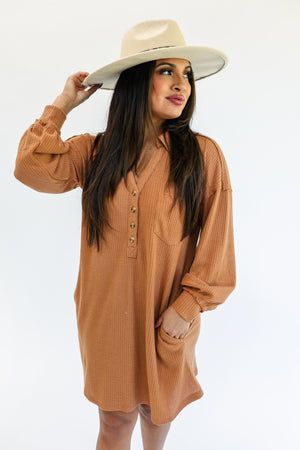 Easy Days Waffle Tee Dress In Camel