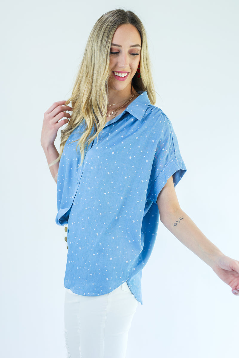 Be A Star Chambray Top In Light Denim