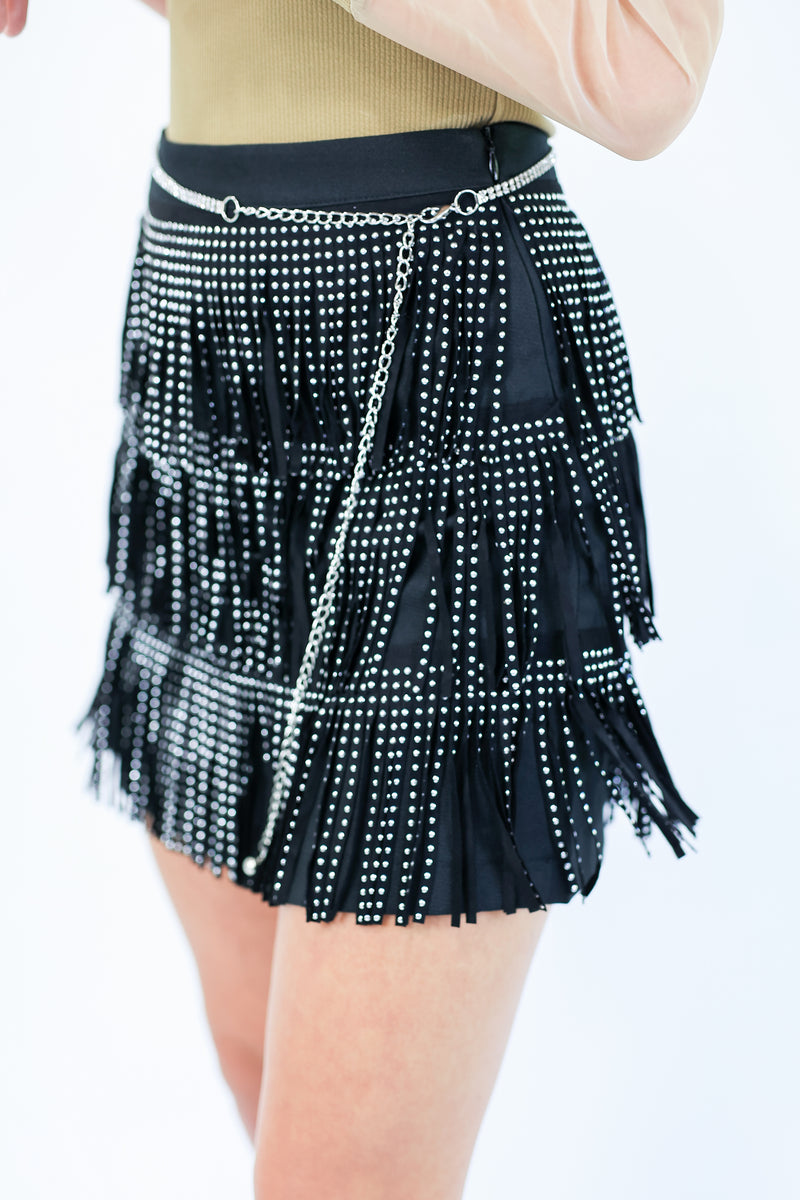 Star Studded Fringe Skirt In Black