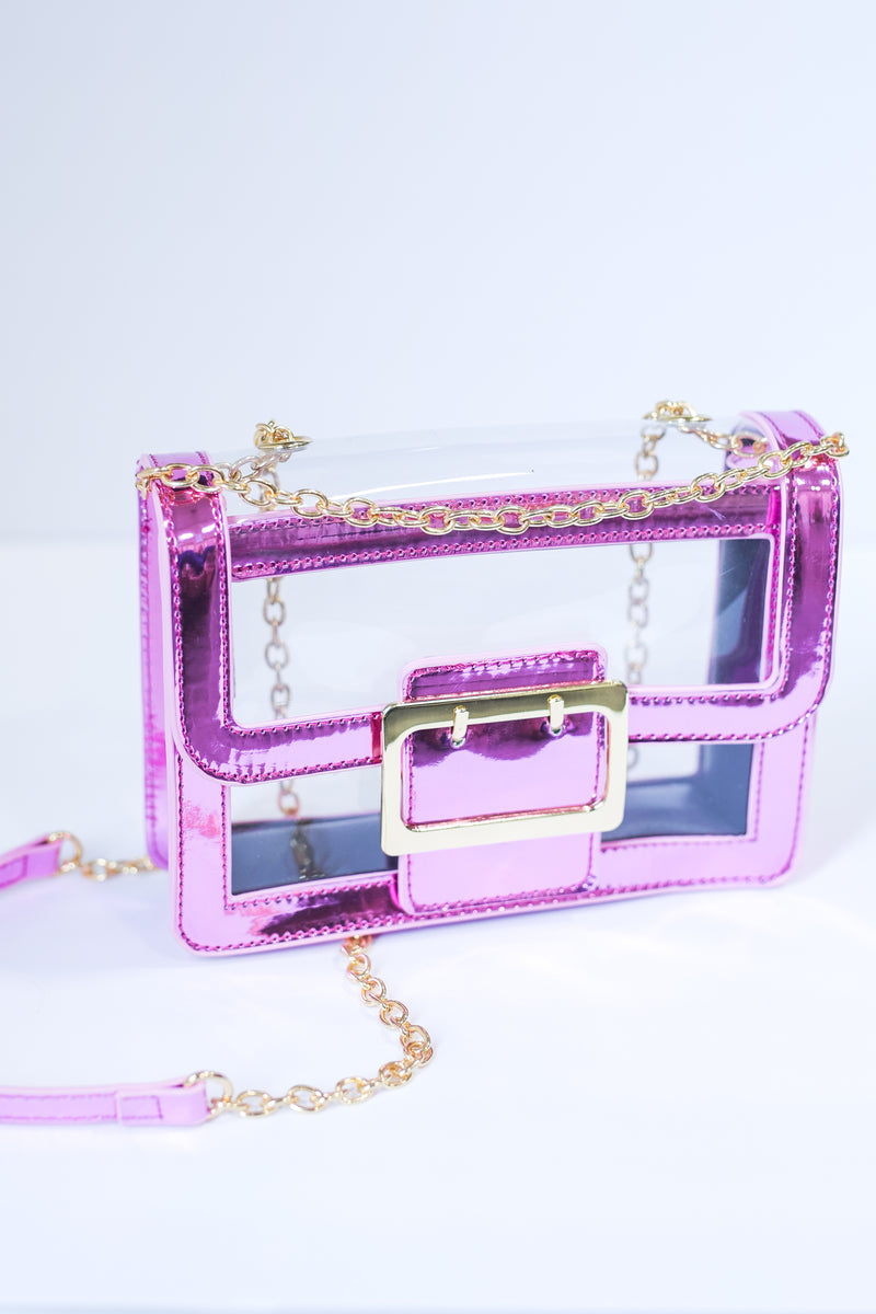 Glam Session Metallic Clear Crossbody In Pink