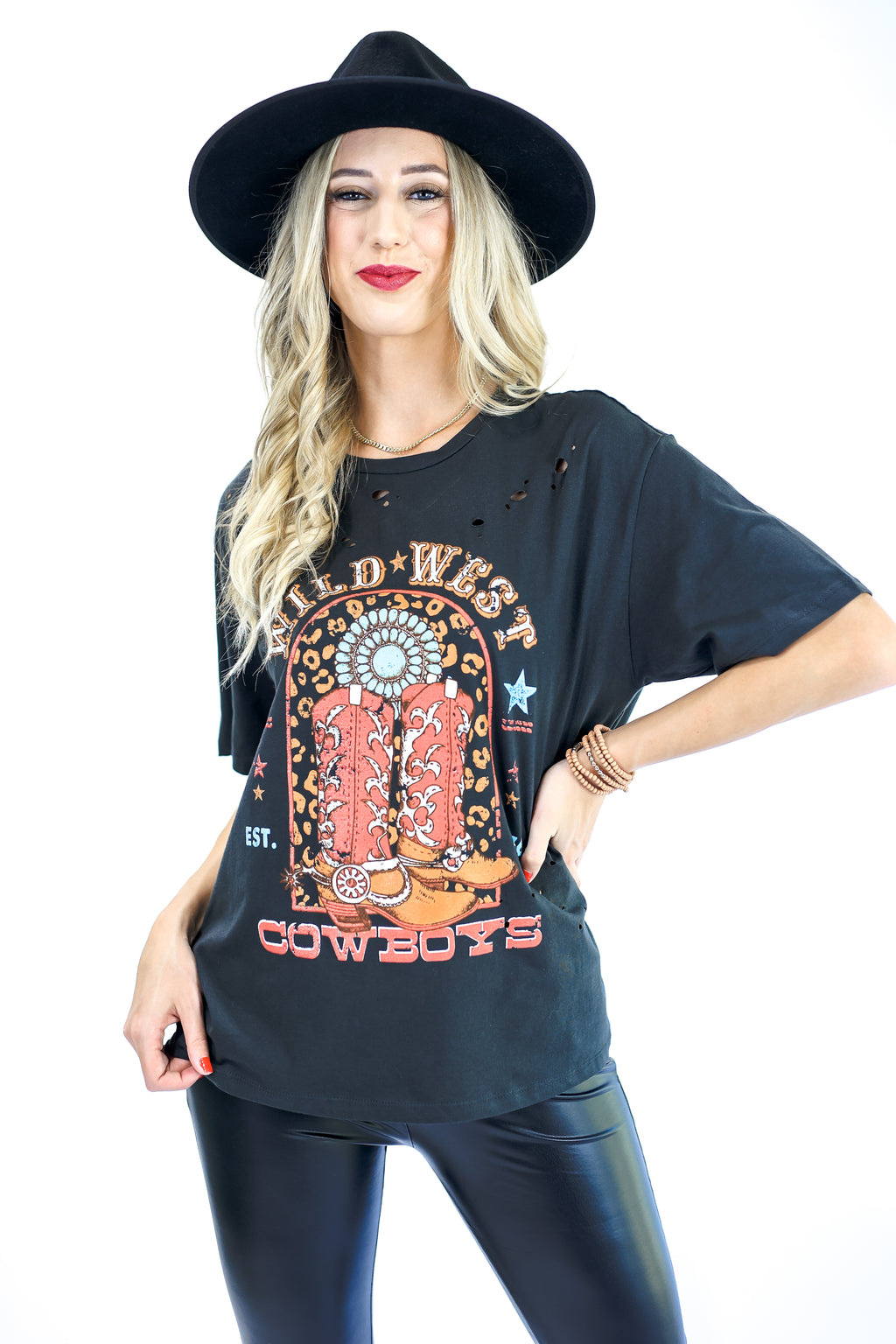 Wild West Boots Distressed Tee in Black