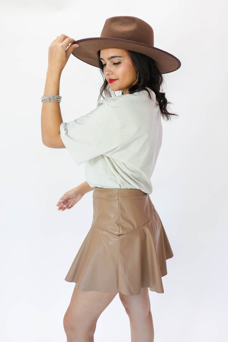 The Camille Faux Leather Skort In Camel
