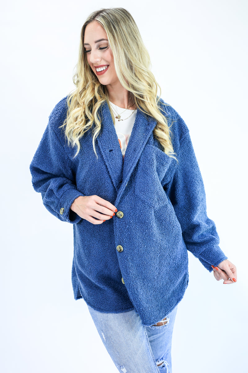 Cozy And Cute Sherpa Shacket In Blue
