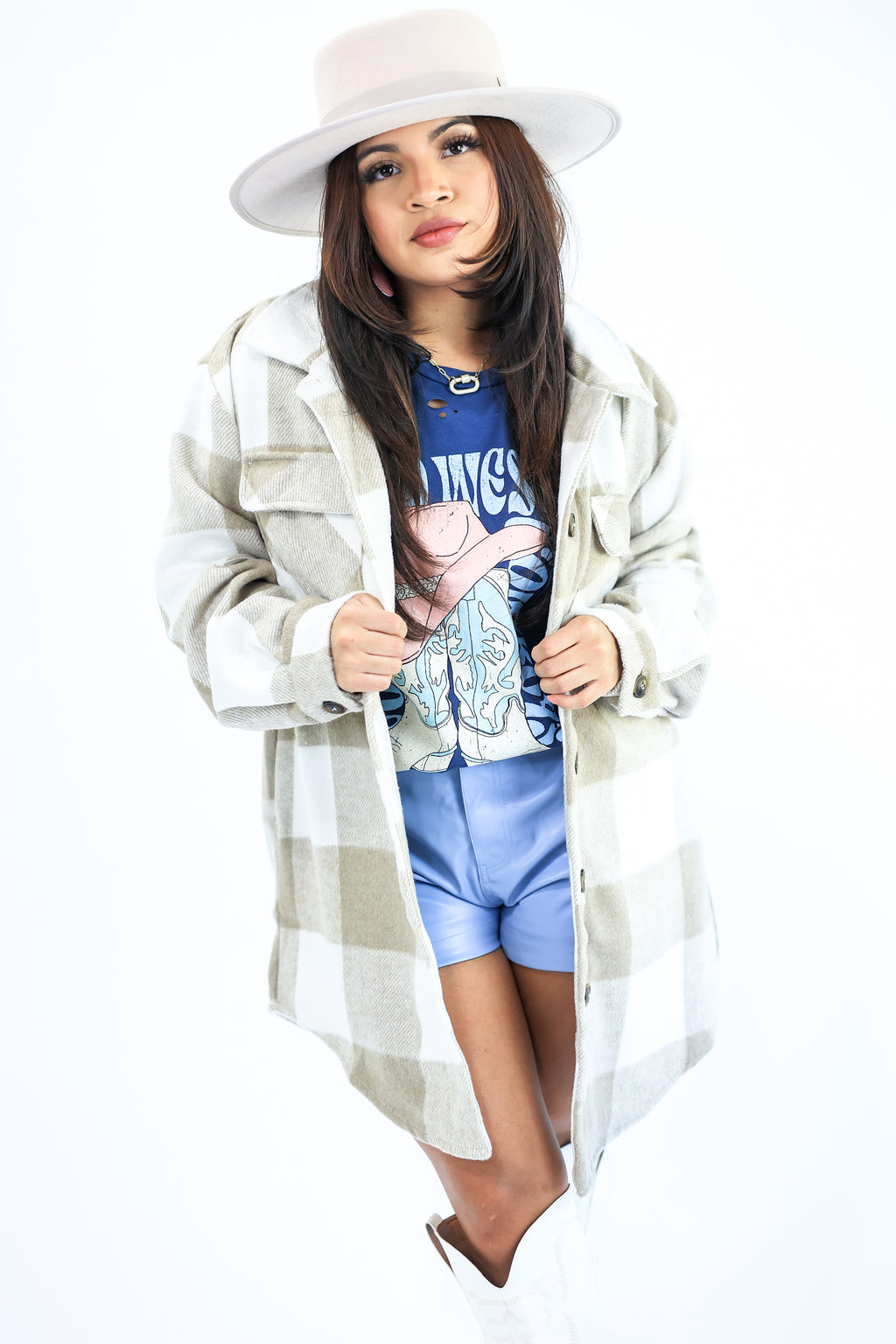Layered Love Plaid Shacket In Taupe