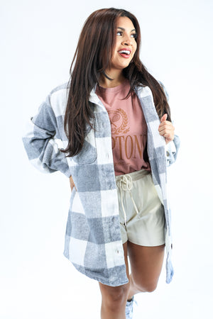 Layered Love Plaid Shacket In Grey