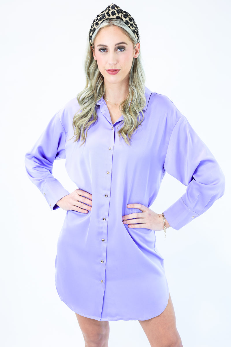 Shopping In Paradise Satin Dress In Lilac