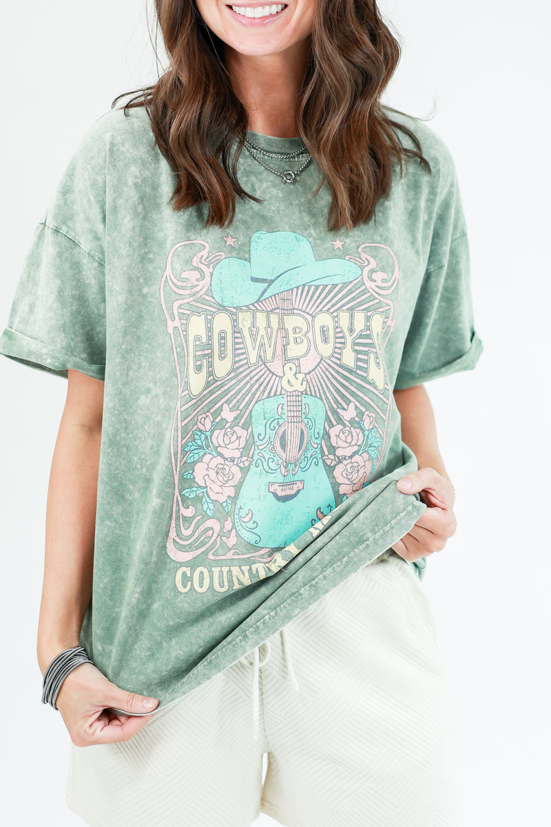 Cowboys & Country Music Acid Washed Tee In Green